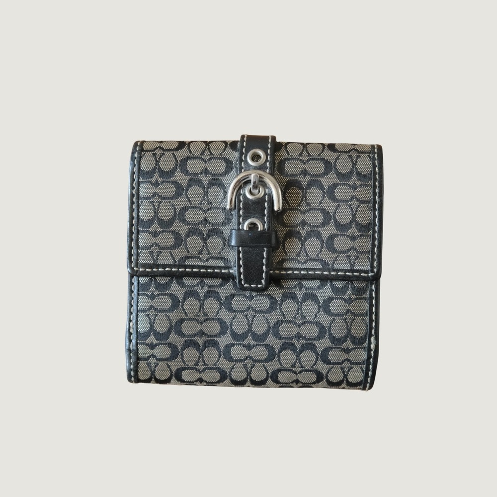 Coach Wallet Women Black Signature Jacquard Buckle Y2K Small Bifold Coin‎ Purse